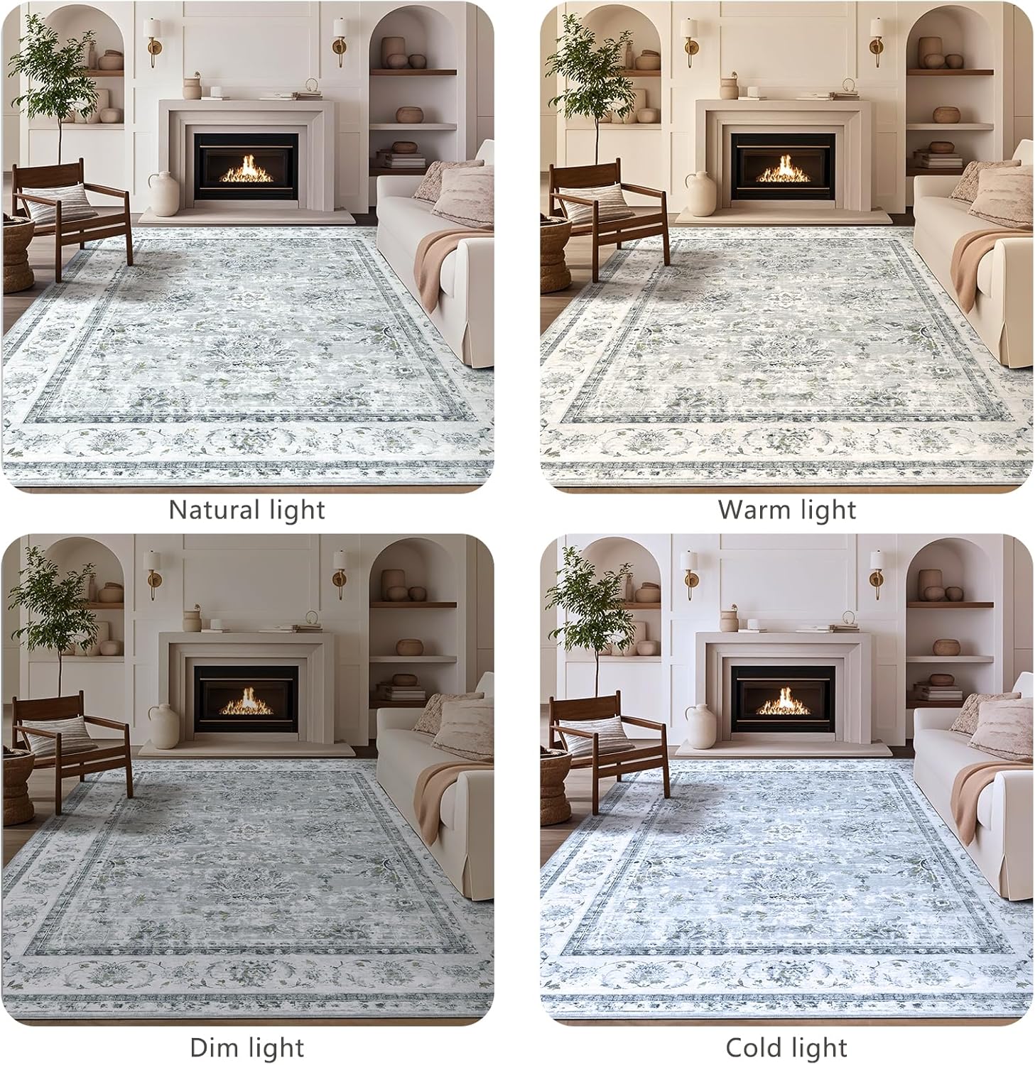 Floral 9x12 Area Rugs - Grey Large Machine Washable Living Room Rug Non Slip Ultra-Thin Stain Resistant Bedroom Rug Vintage Retro Boho Accent Rugs for Bedroom Dining Room Office Carpet